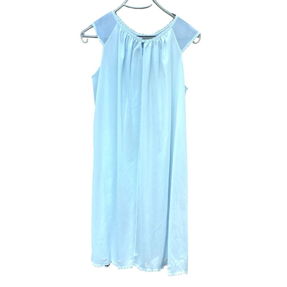 Vintage 1970s Sheer Blue Nightie Nightgown Lace Trim Attached flowers Sz M/L - Picture 2 of 5